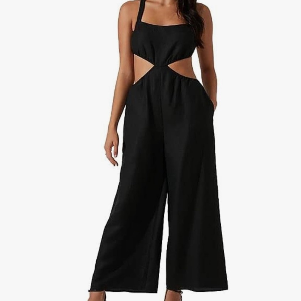 ASTR The Label Marise Linen Blend Cut Out Black Jumpsuit Women’s Sz M New